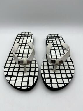 Coach Amel Grid Print Flip Flops White Black Bow Thong Sandals Women’s Size 6B